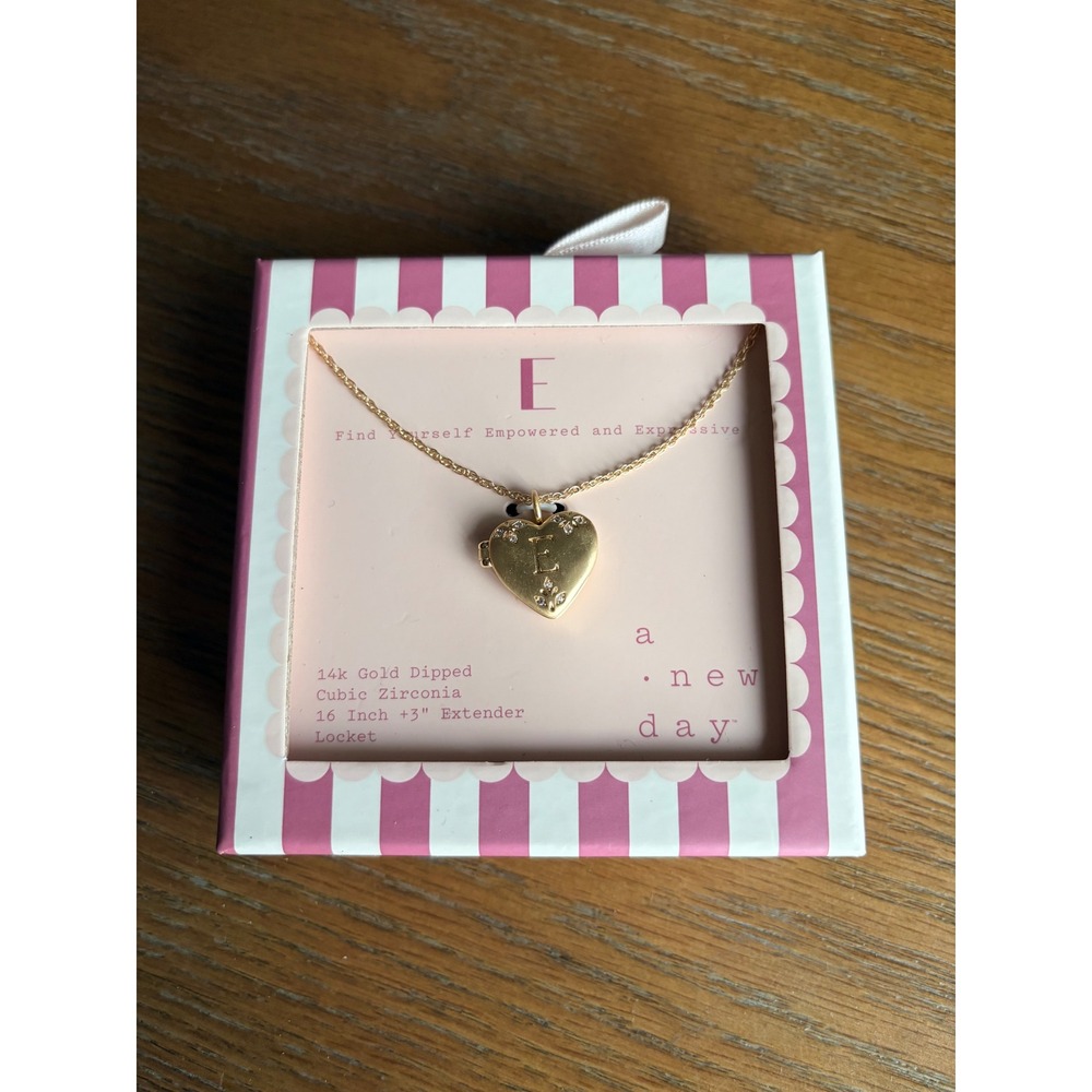 A New Day 14k Gold Dipped Initial E Heart Locket Cubic Zirconia Necklace NIB